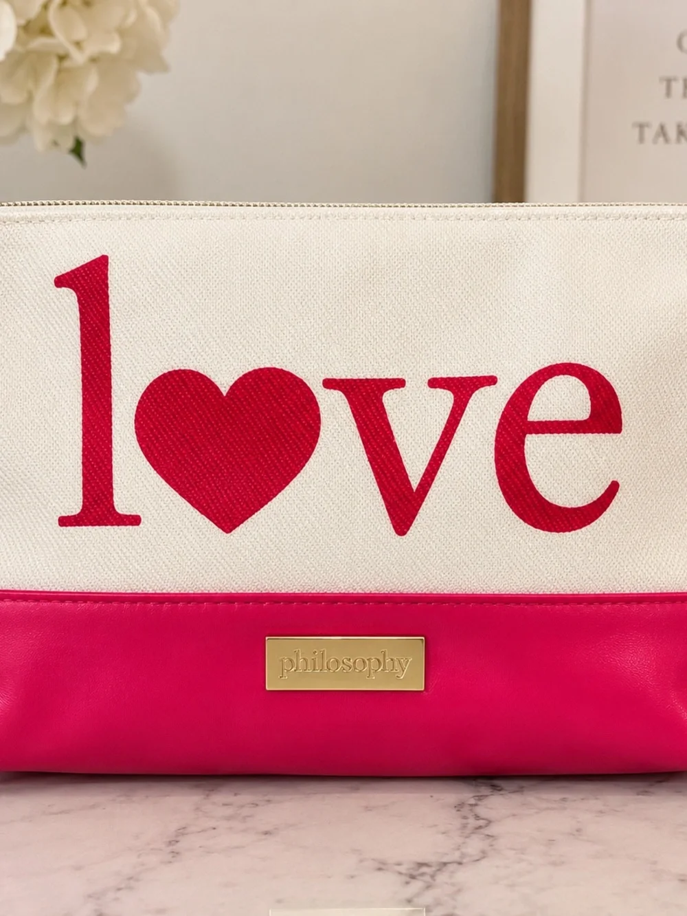 Philosophy LOVE Cosmetic Bag Makeup Pouch Ivory Pink Red Zip